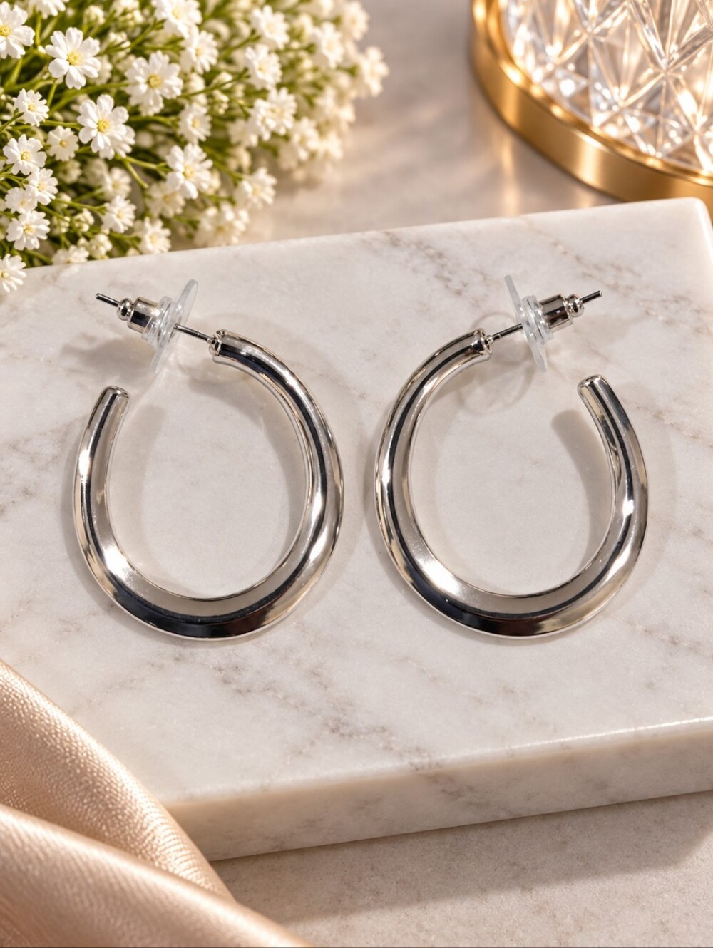 Silver Chunky Open Hoop Earrings Polished Classic Statement Fashion Jewelry
